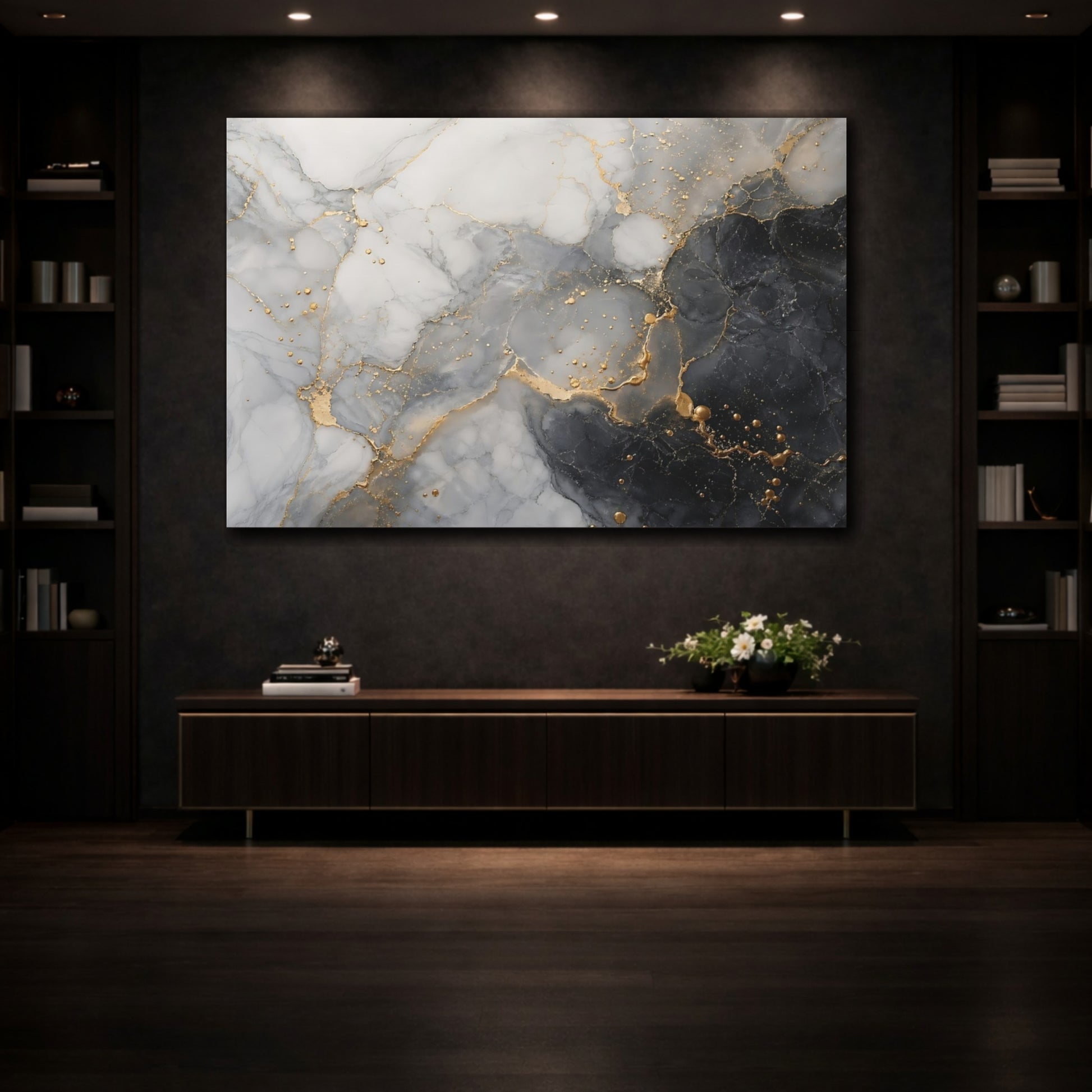 Mockup 3. Abstract Fluid Marble Black White Gold shown as stretched canvas wall art