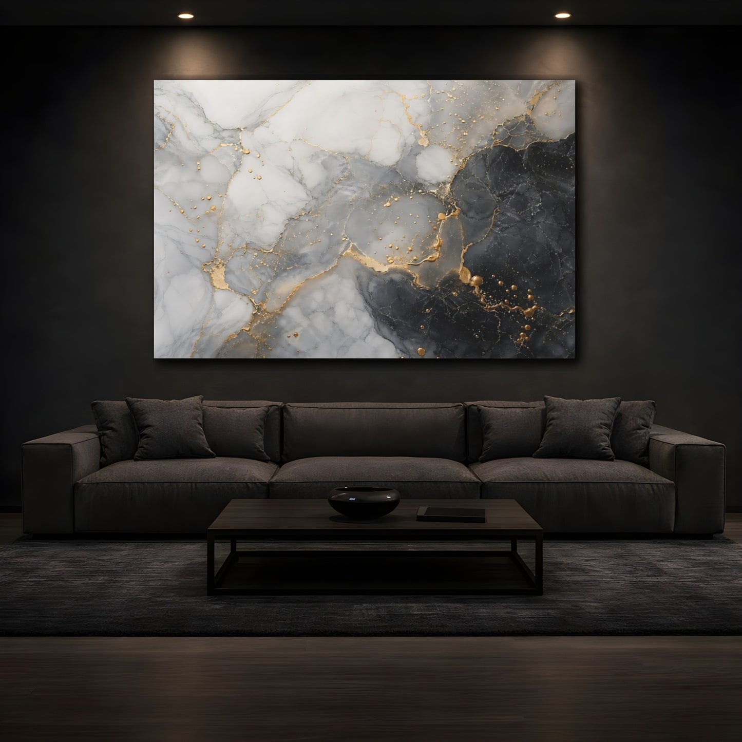Mockup 4. Abstract Fluid Marble Black White Gold shown as stretched canvas wall art