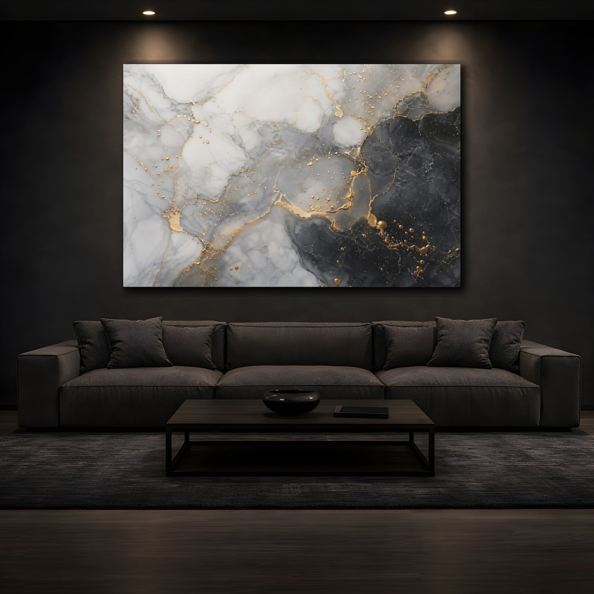 Mockup 4. Abstract Fluid Marble Black White Gold shown as stretched canvas wall art