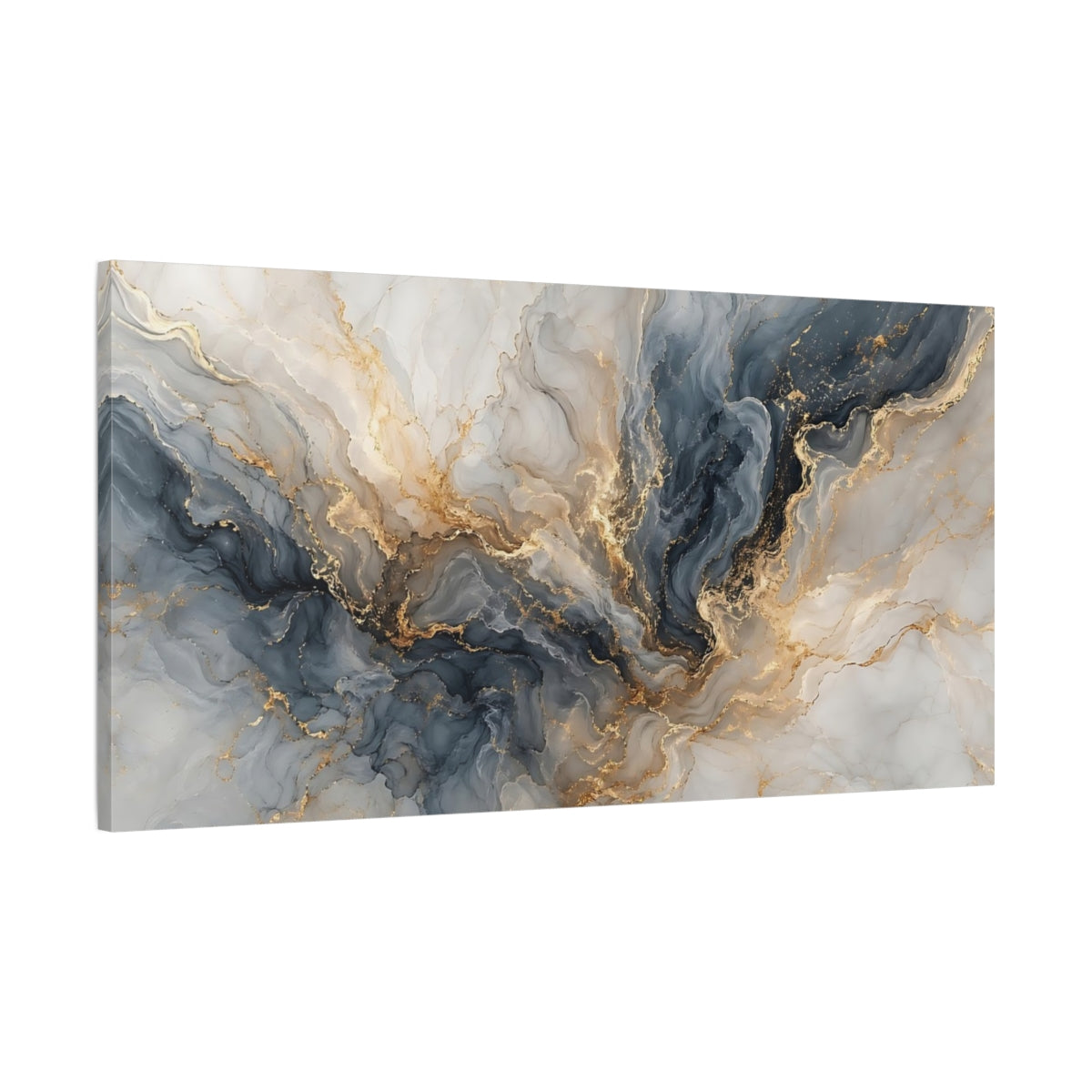 Main Mockup. Abstract Fluid Marble Blue Gold Abstract shown as stretched canvas wall art