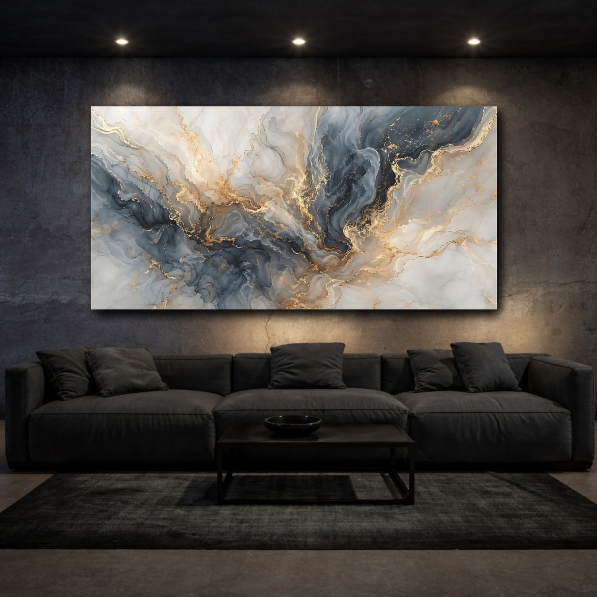 Mockup 2. Abstract Fluid Marble Blue Gold Abstract shown as stretched canvas wall art