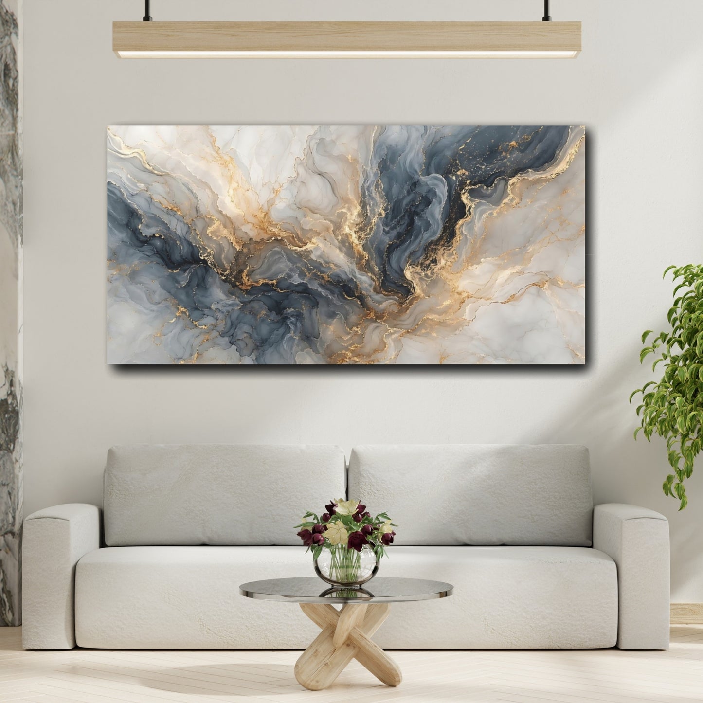 Mockup 3. Abstract Fluid Marble Blue Gold Abstract shown as stretched canvas wall art