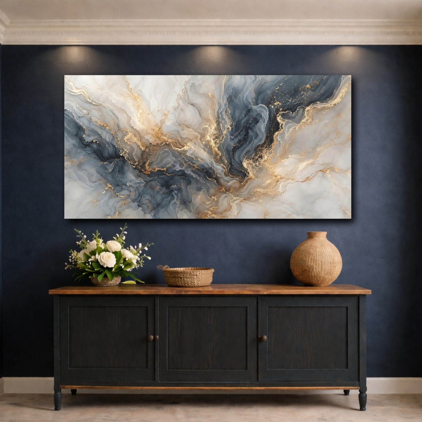 Mockup 4. Abstract Fluid Marble Blue Gold Abstract shown as stretched canvas wall art