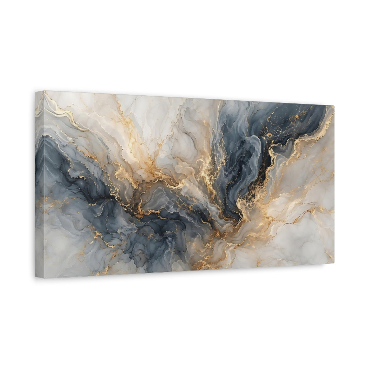 Side Mockup 3. Abstract Fluid Marble Blue Gold Abstract shown as stretched canvas wall art