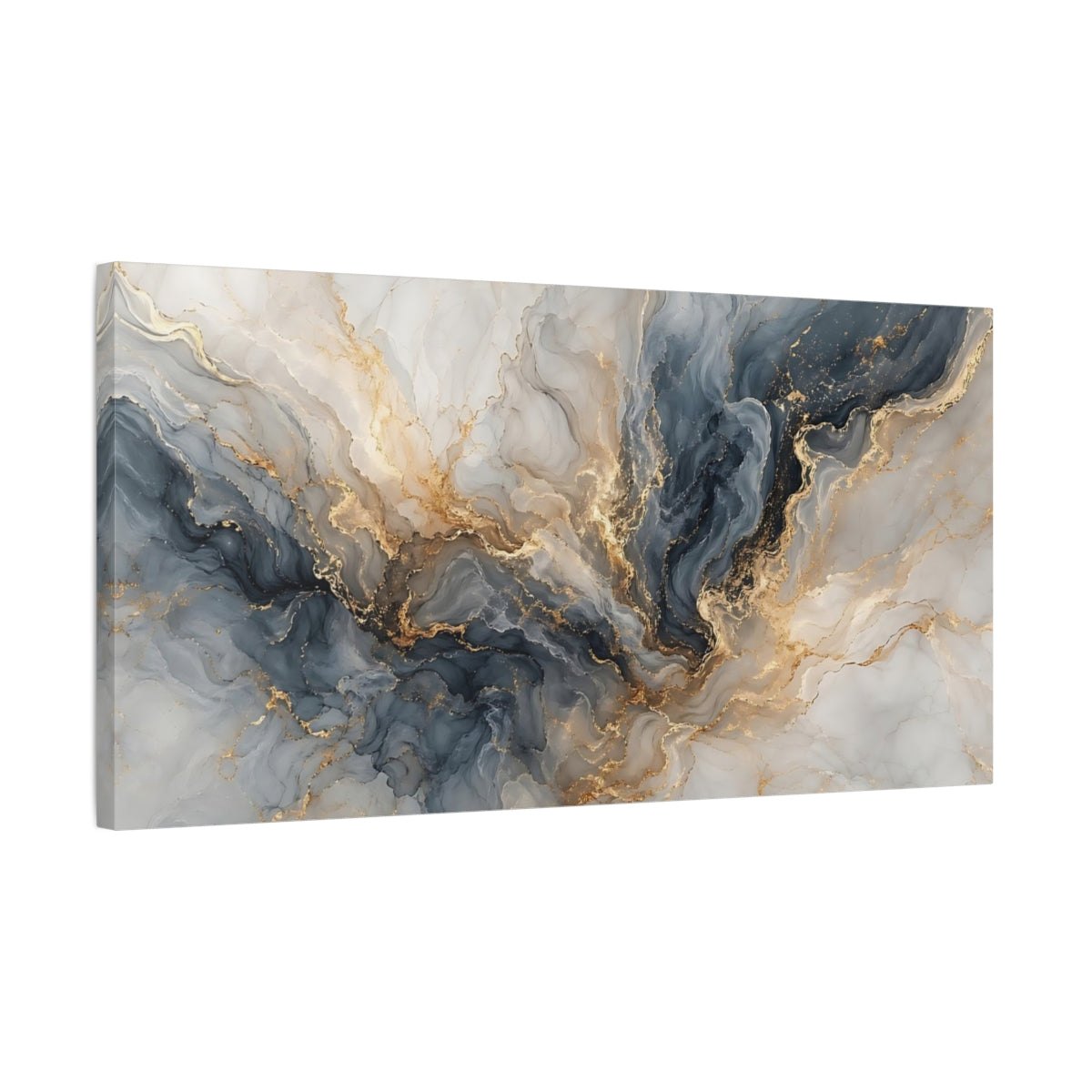 Side Mockup 1. Abstract Fluid Marble Blue Gold Abstract shown as stretched canvas wall art
