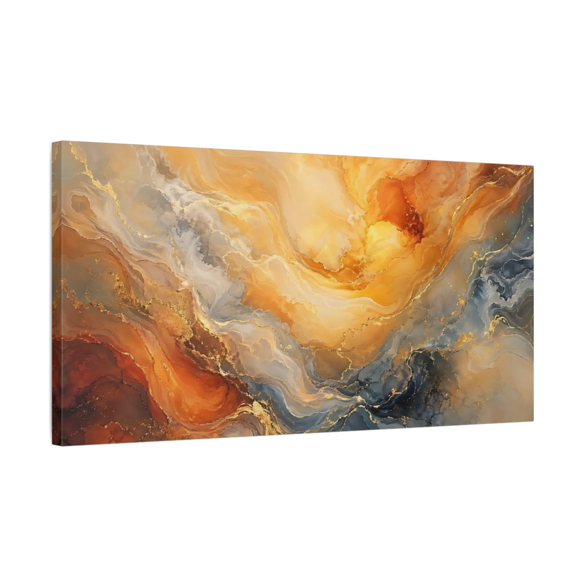 Side Mockup 1. Abstract Fluid Marble Gold Blue Marble shown as stretched canvas wall art