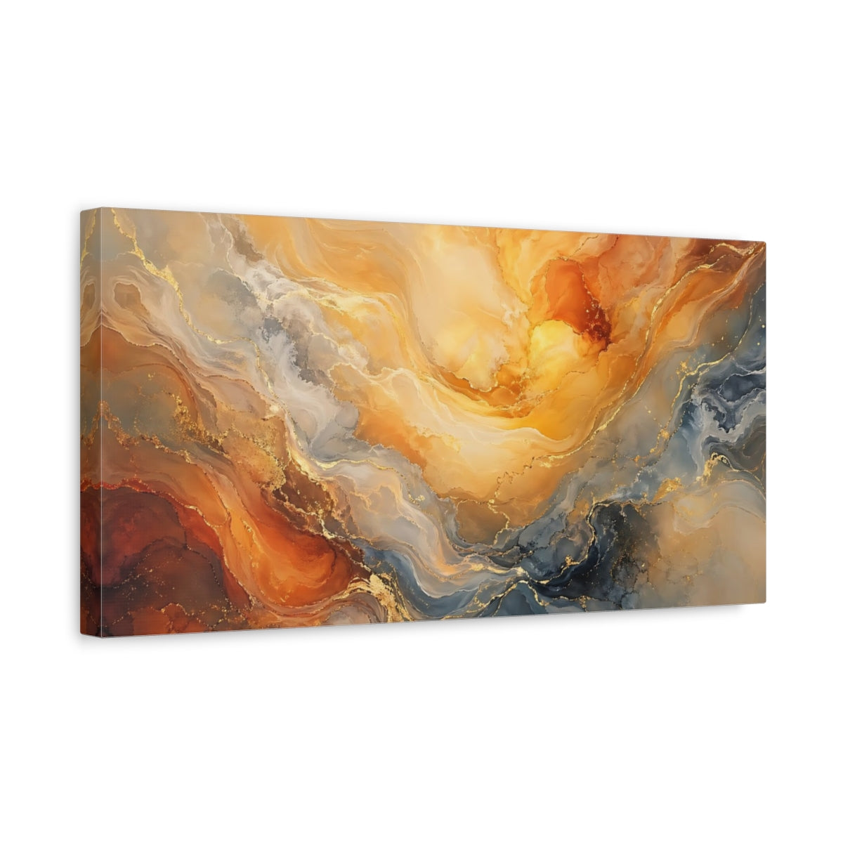 Side Mockup 3. Abstract Fluid Marble Gold Blue Marble shown as stretched canvas wall art
