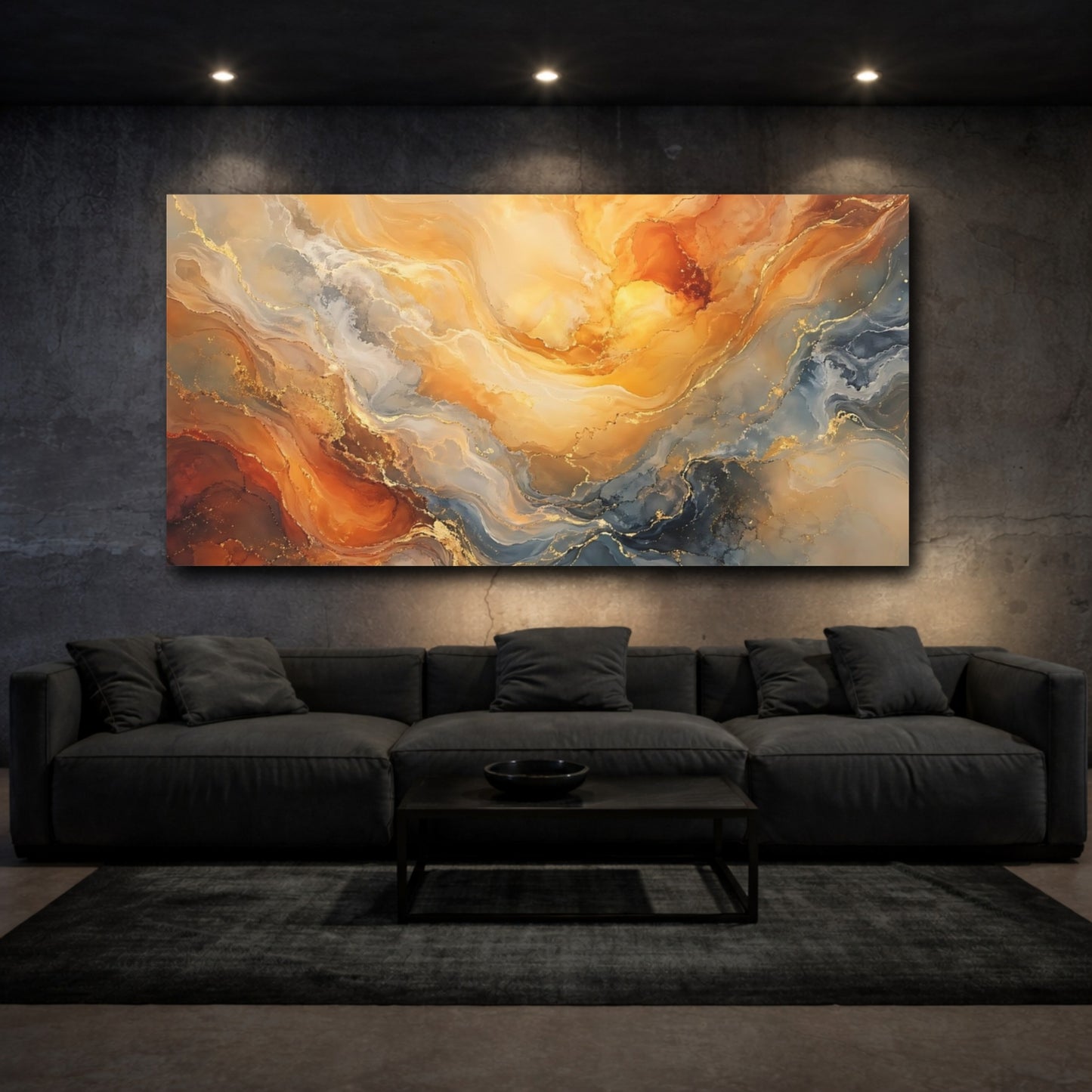 Mockup 2. Abstract Fluid Marble Gold Blue Marble shown as stretched canvas wall art