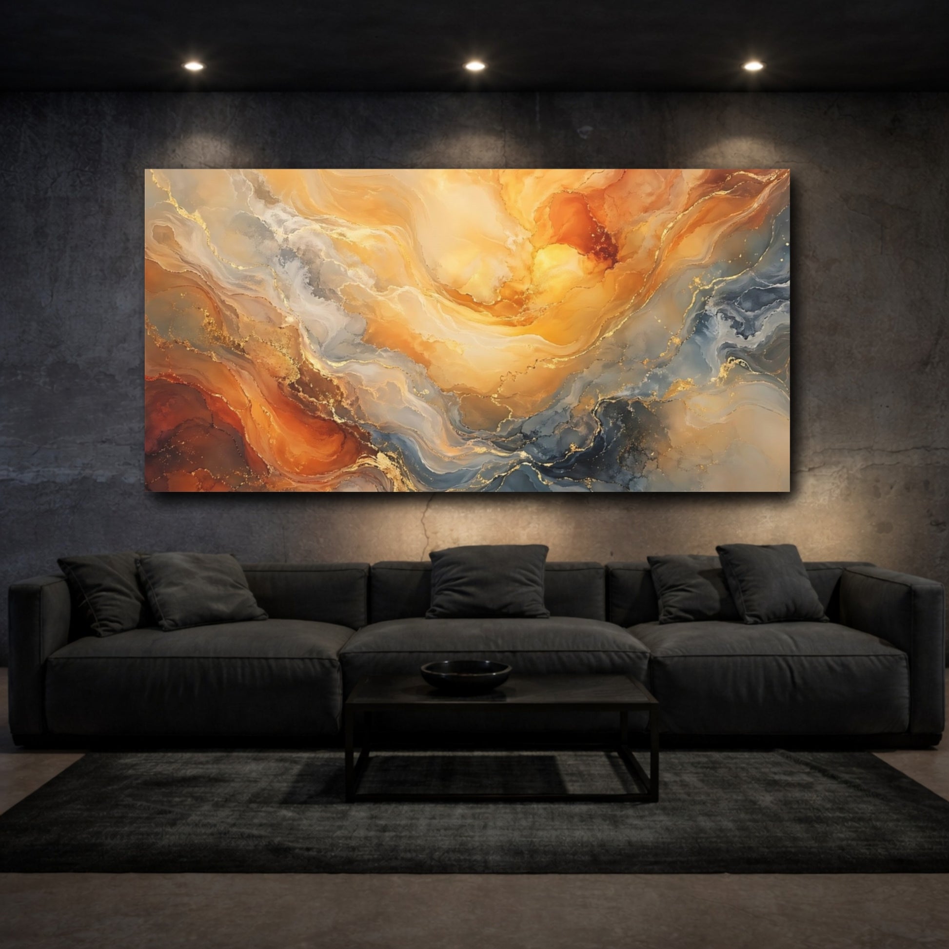 Mockup 2. Abstract Fluid Marble Gold Blue Marble shown as stretched canvas wall art