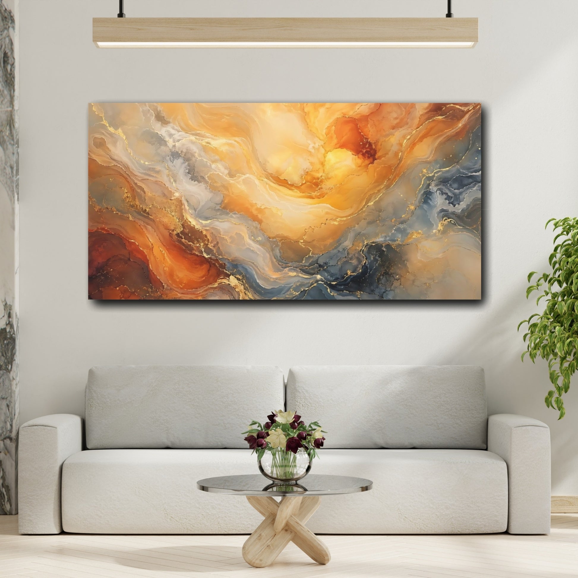 Mockup 3. Abstract Fluid Marble Gold Blue Marble shown as stretched canvas wall art