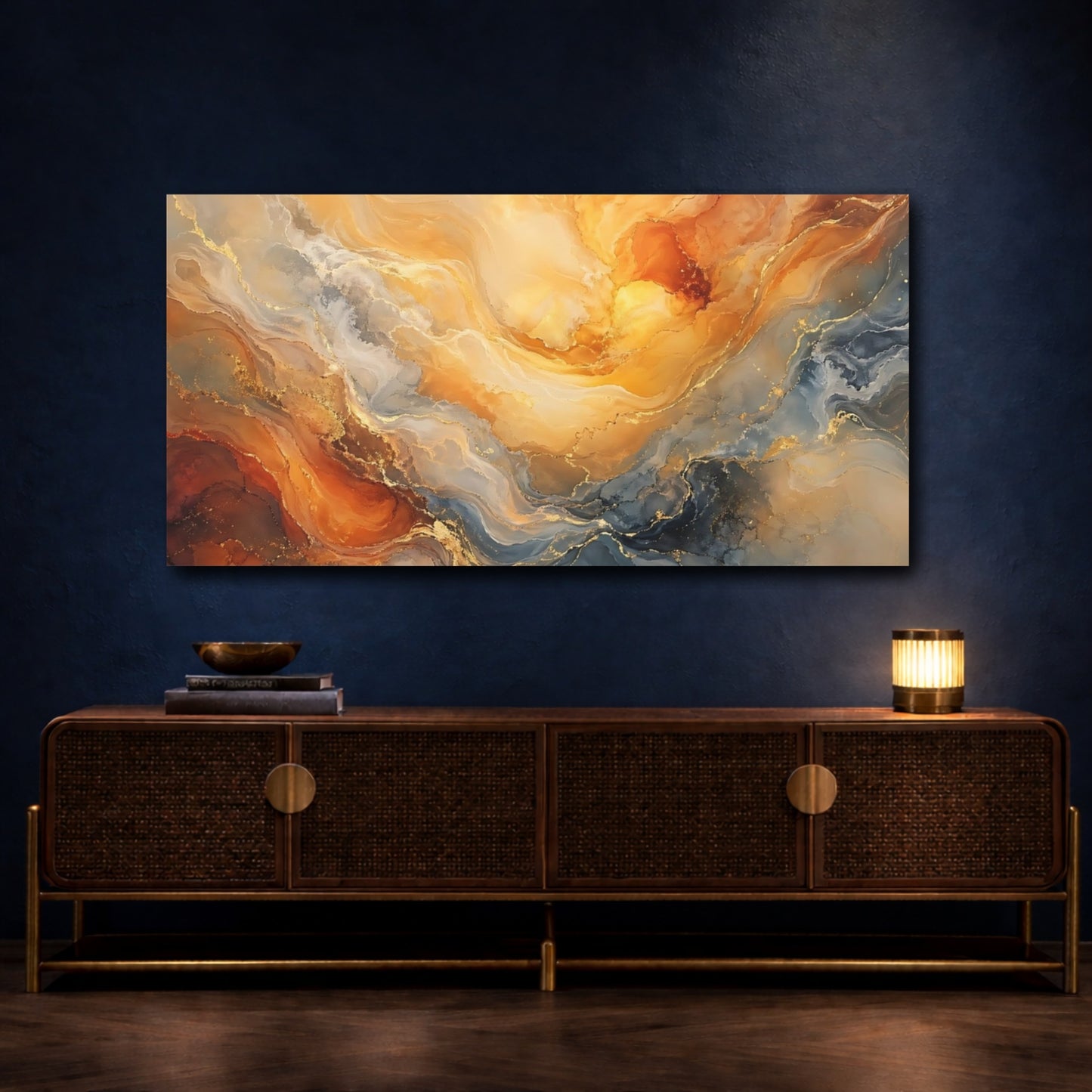 Mockup 4. Abstract Fluid Marble Gold Blue Marble shown as stretched canvas wall art