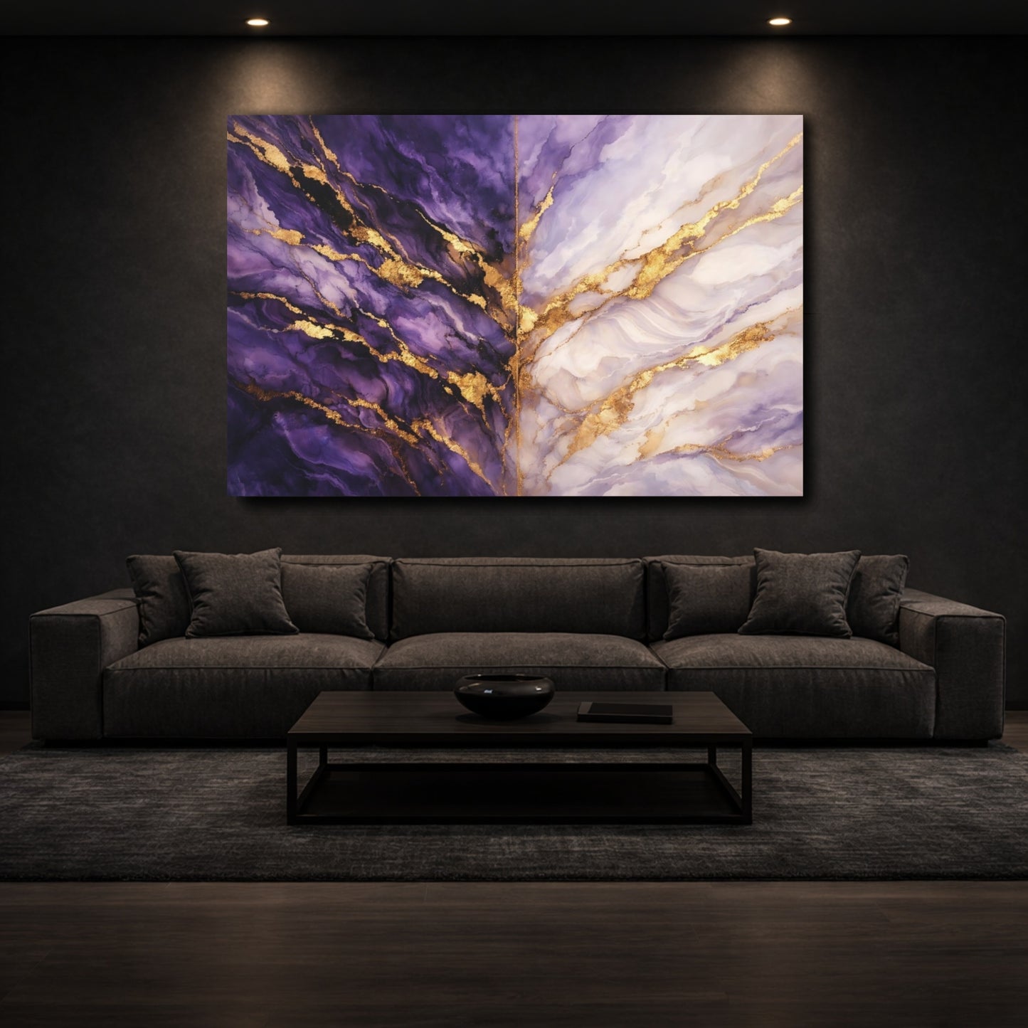 Mockup 2. Abstract Fluid Marble Purple And Gold Marble shown as stretched canvas wall art