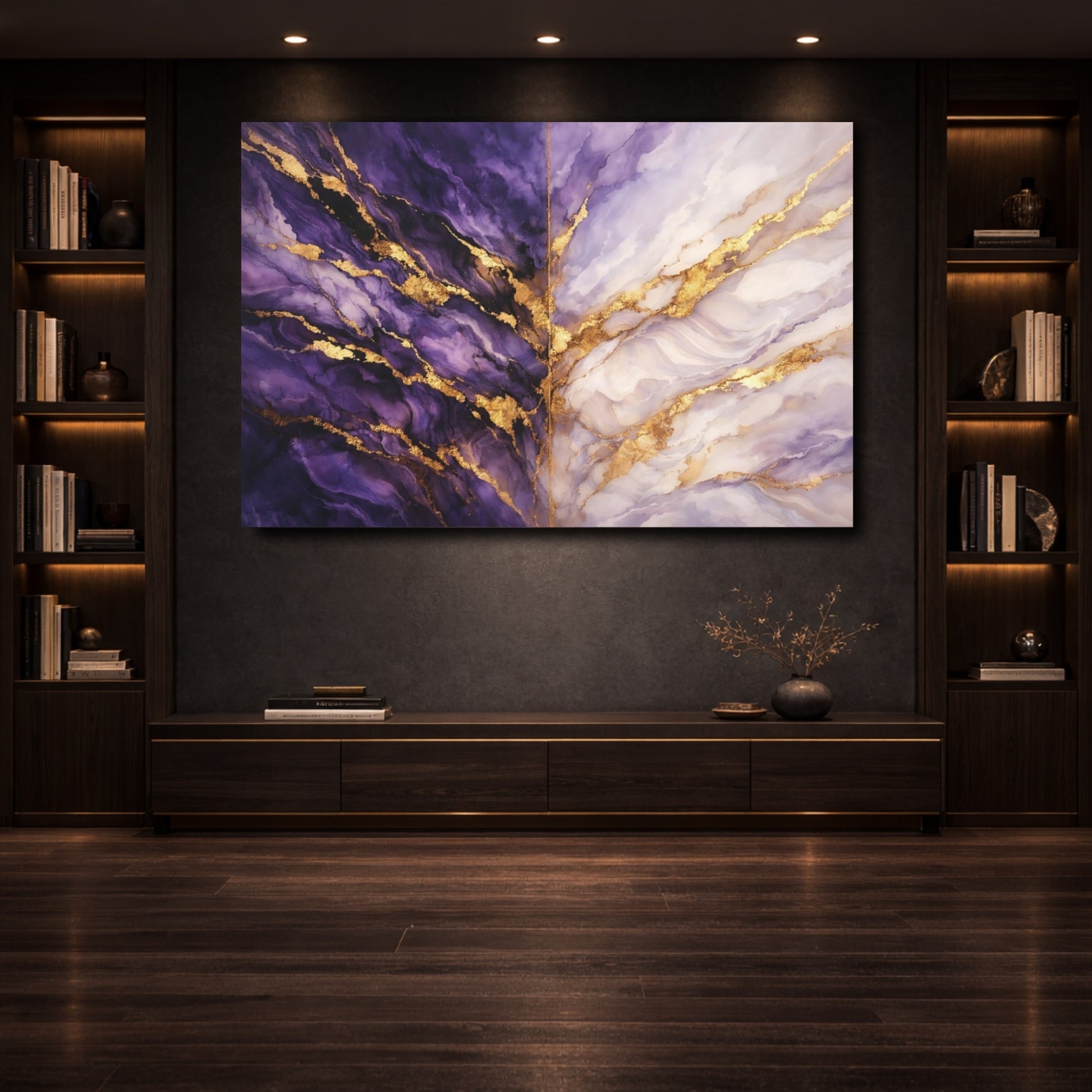 Mockup 3. Abstract Fluid Marble Purple And Gold Marble shown as stretched canvas wall art