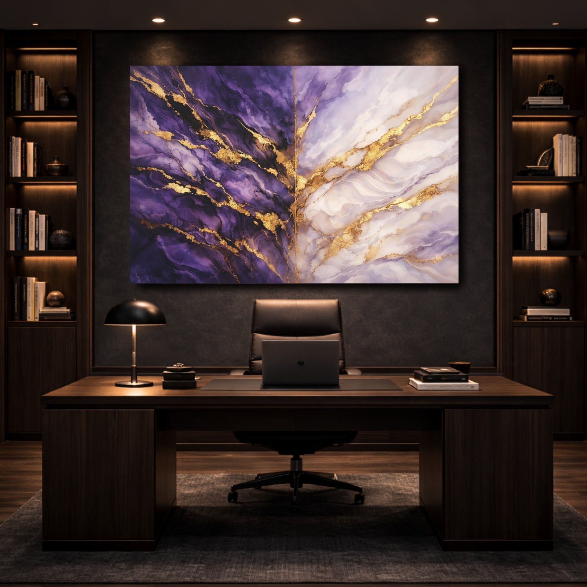 Mockup 4. Abstract Fluid Marble Purple And Gold Marble shown as stretched canvas wall art