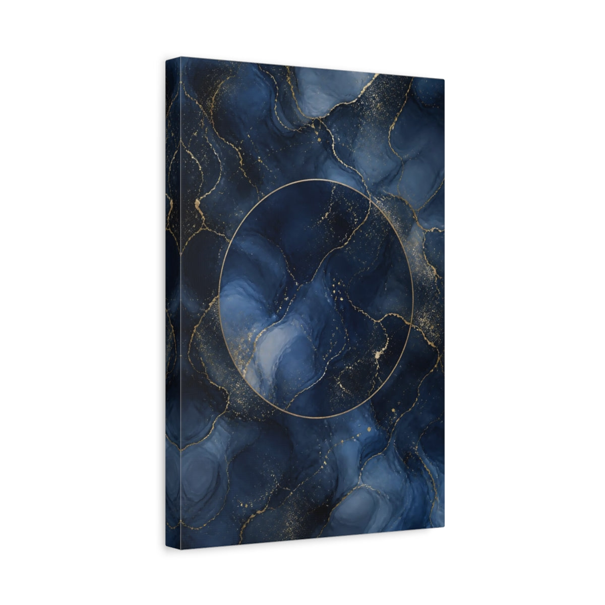 Side Mockup 4. Abstract Fluid Abstract Navy Gold Abstract shown as stretched canvas wall art