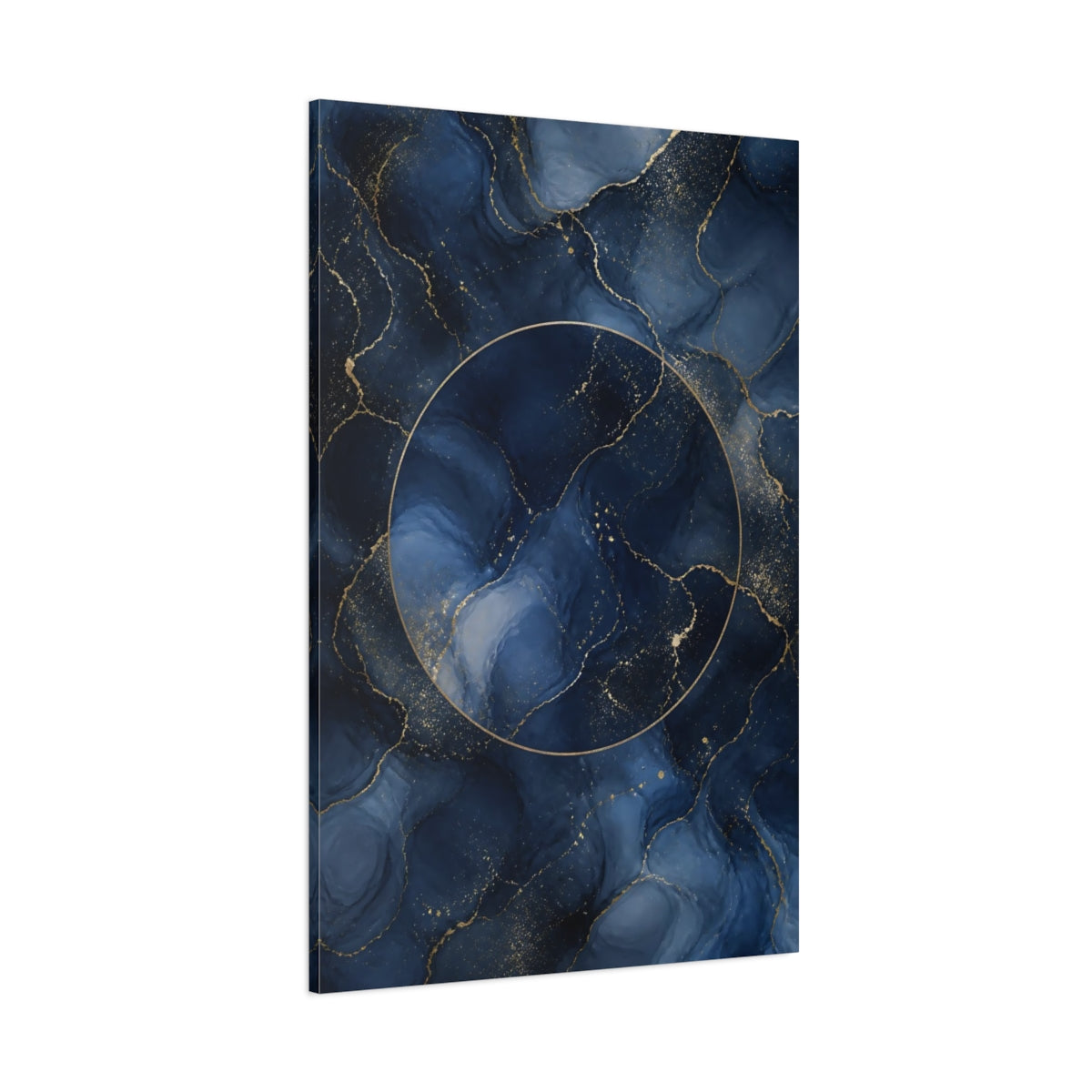 Side Mockup 1. Abstract Fluid Abstract Navy Gold Abstract shown as stretched canvas wall art
