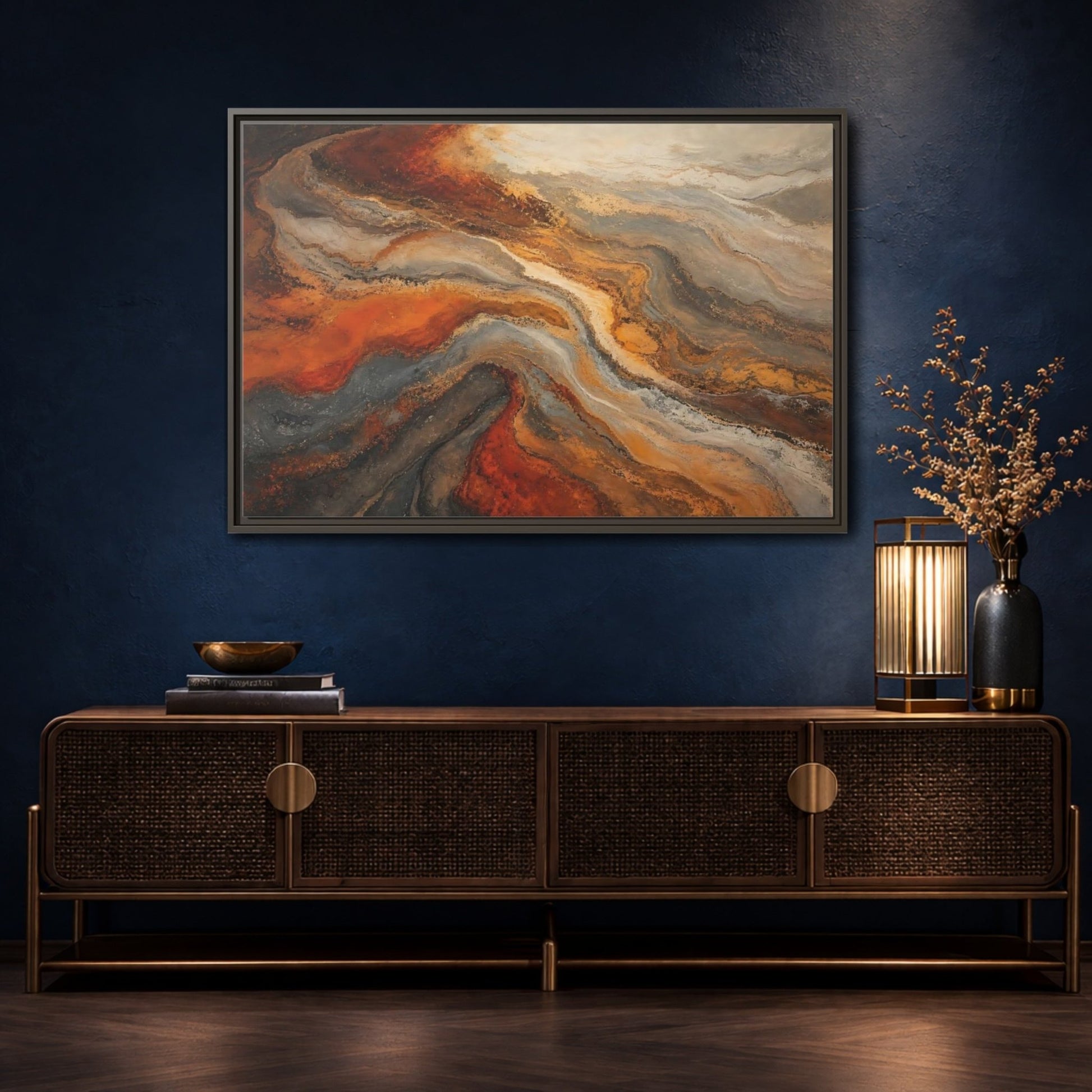Abstract Fluid Orange And Grey Framed Canvas Print – Living Room, Above Couch, Brown - YesArtYes