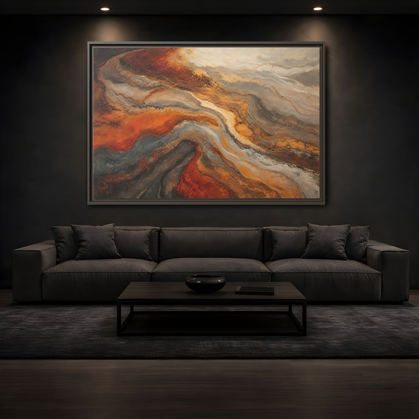 Abstract Fluid Orange And Grey Framed Canvas Print – Living Room, Above Couch, Brown - YesArtYes