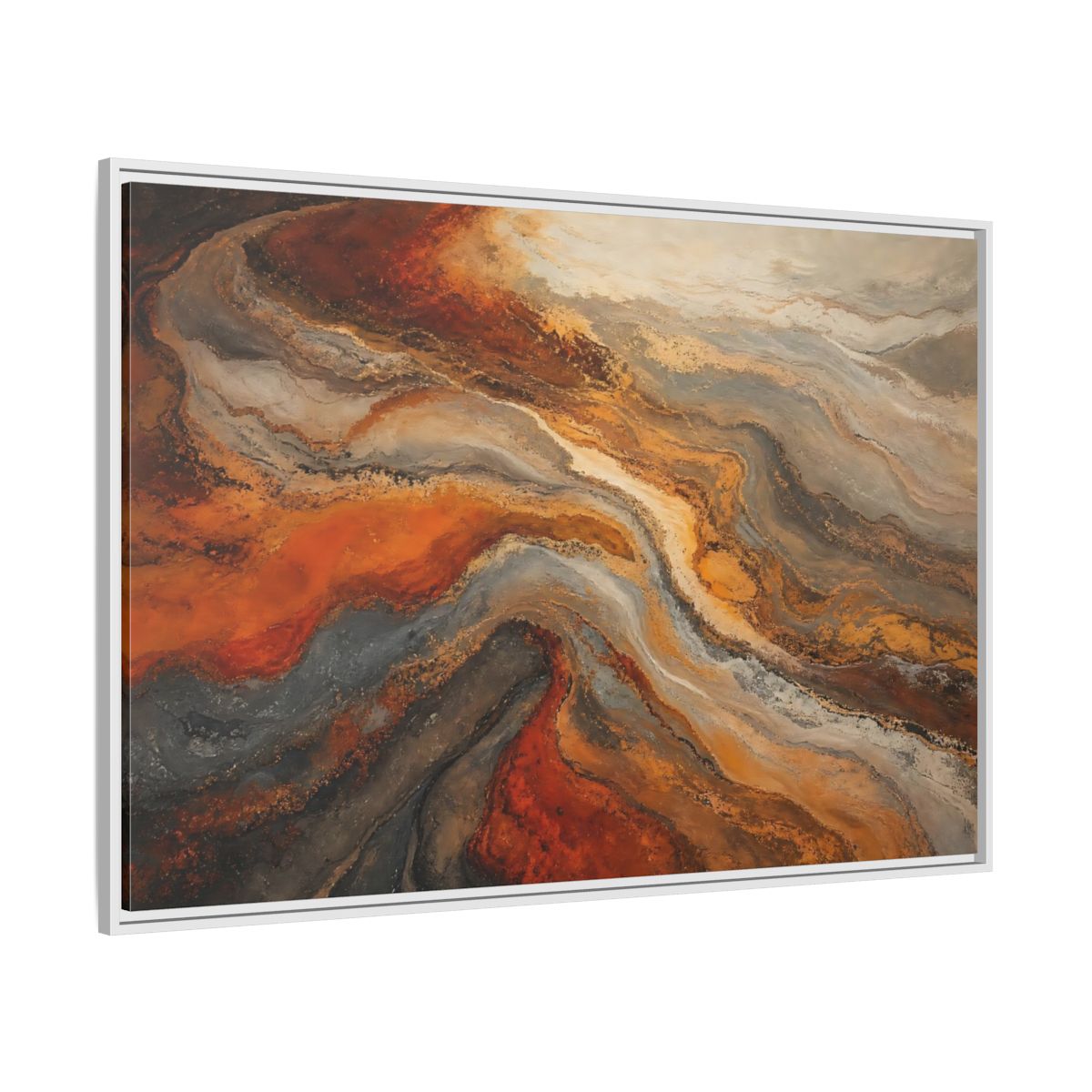Side Mockup 7. Abstract Fluid Abstract Orange And Grey Abstract shown as framed canvas print