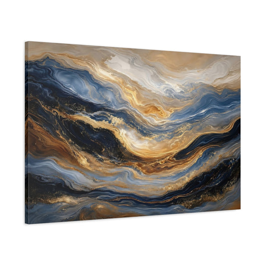 Main Mockup. Abstract Fluid Patterns Blue Gold Abstract shown as stretched canvas wall art