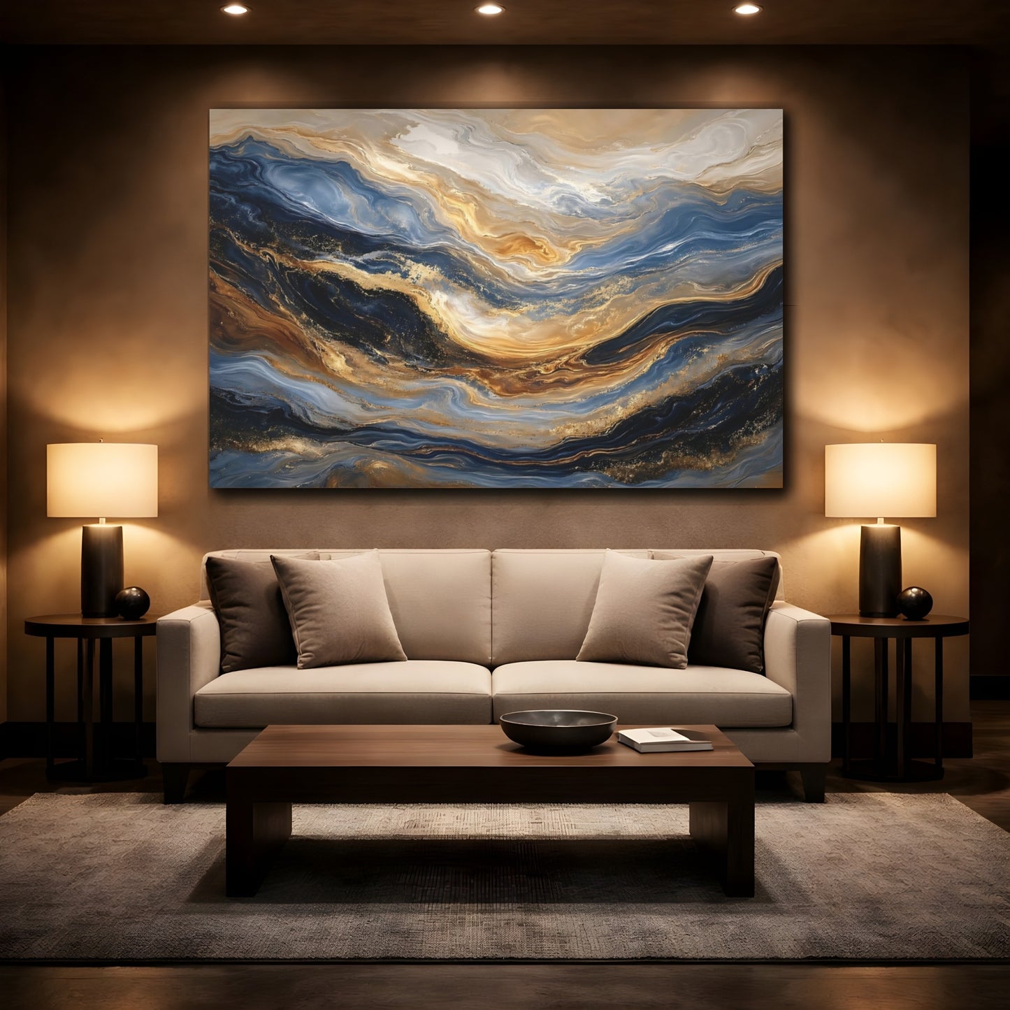 Mockup 2. Abstract Fluid Patterns Blue Gold Abstract shown as stretched canvas wall art