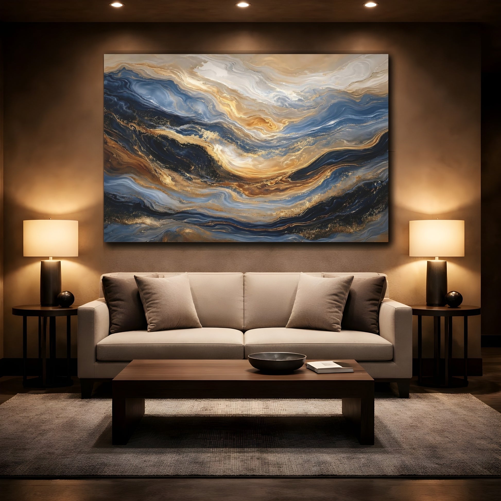 Mockup 2. Abstract Fluid Patterns Blue Gold Abstract shown as stretched canvas wall art