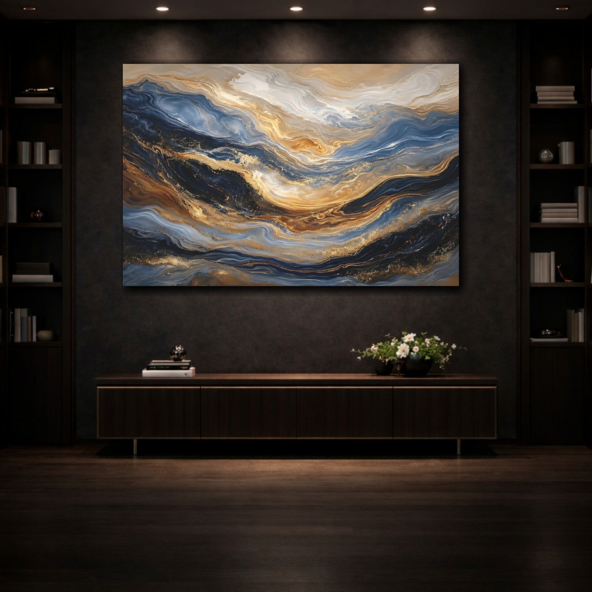 Mockup 3. Abstract Fluid Patterns Blue Gold Abstract shown as stretched canvas wall art