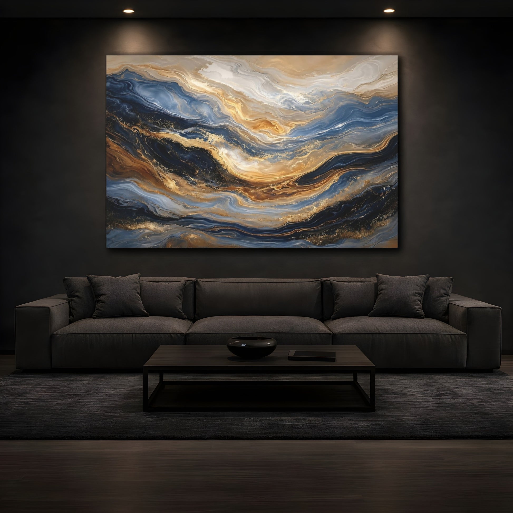 Mockup 4. Abstract Fluid Patterns Blue Gold Abstract shown as stretched canvas wall art