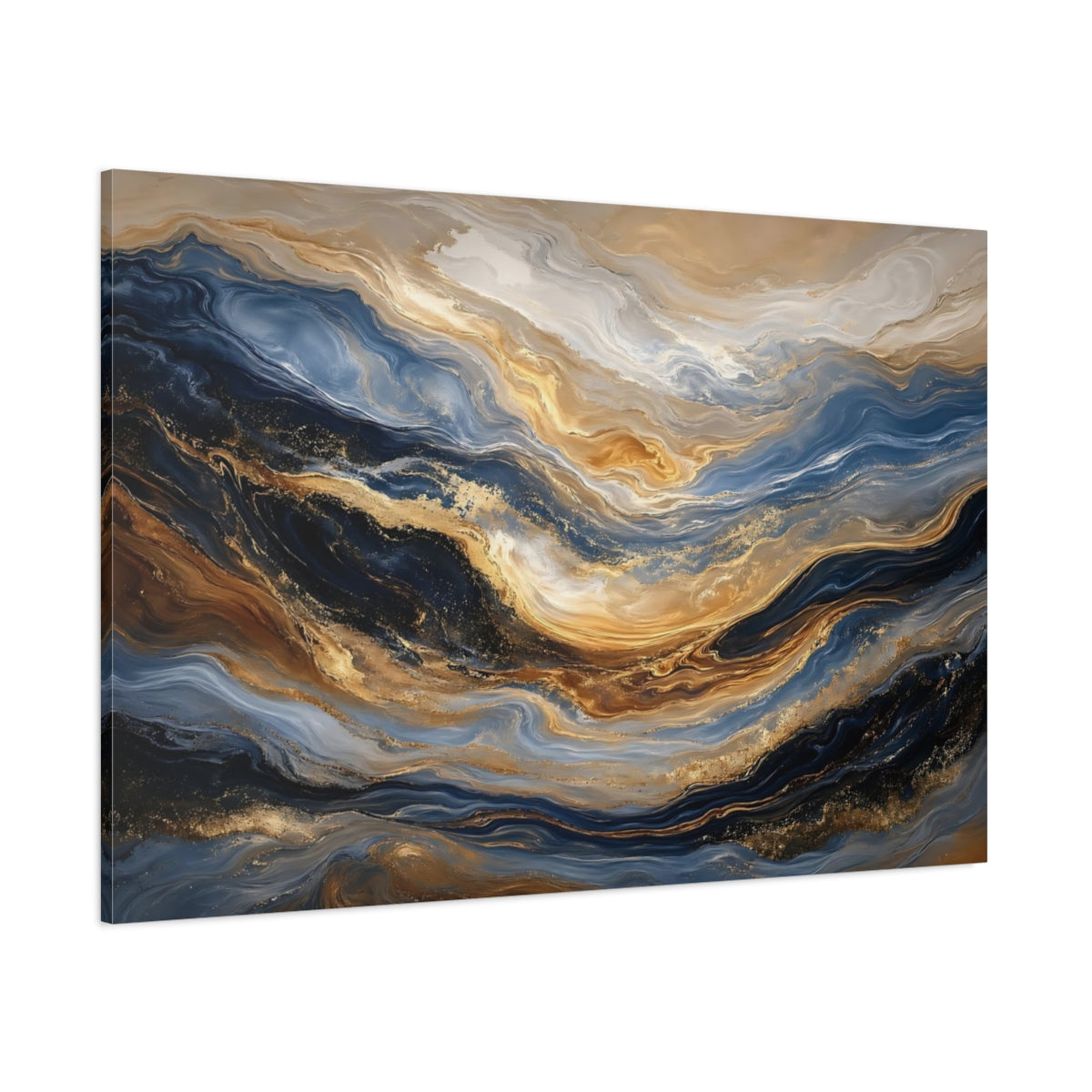 Side Mockup 1. Abstract Fluid Patterns Blue Gold Abstract shown as stretched canvas wall art