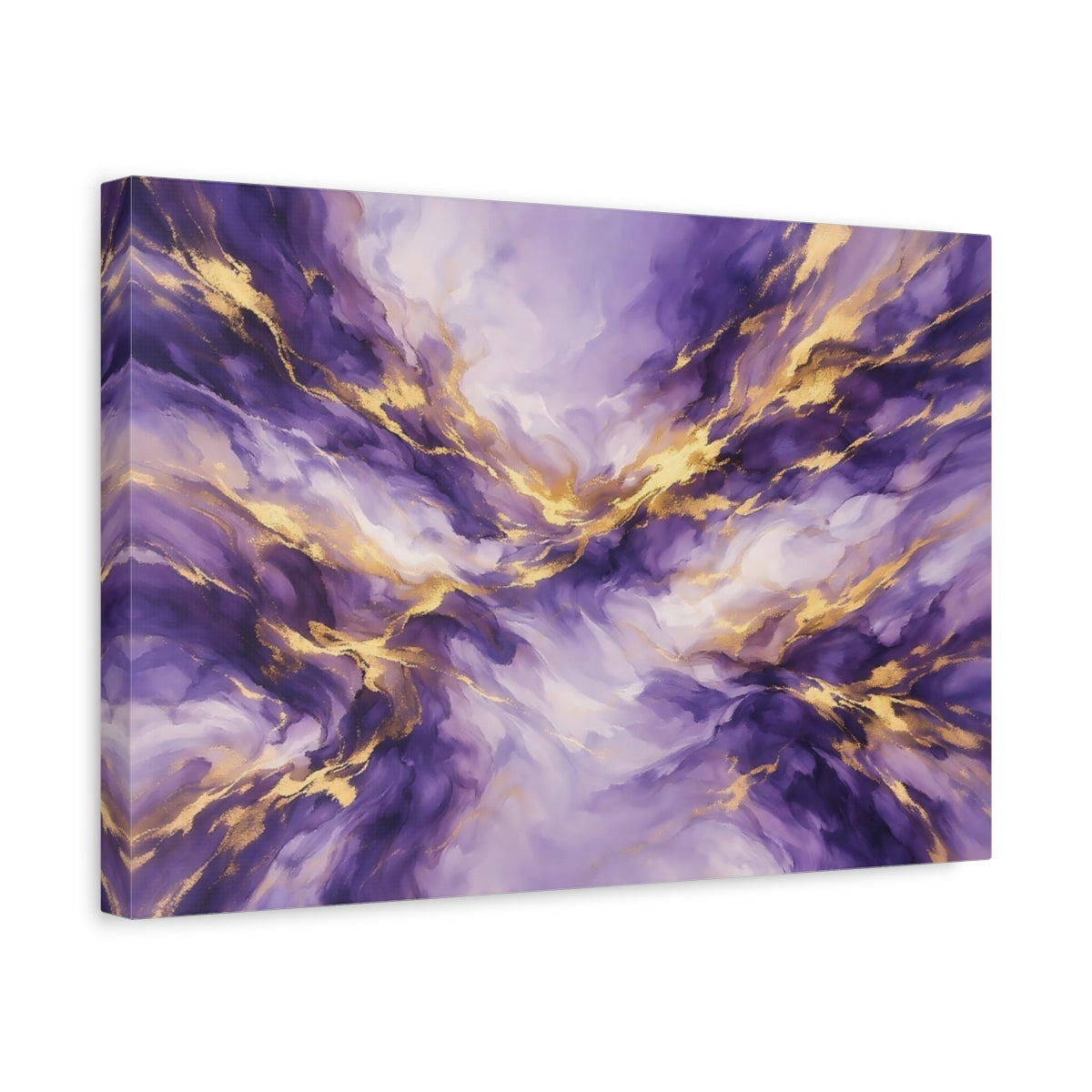 Side Mockup 4. Abstract Abstract Fluid Purple And Gold shown as stretched canvas wall art