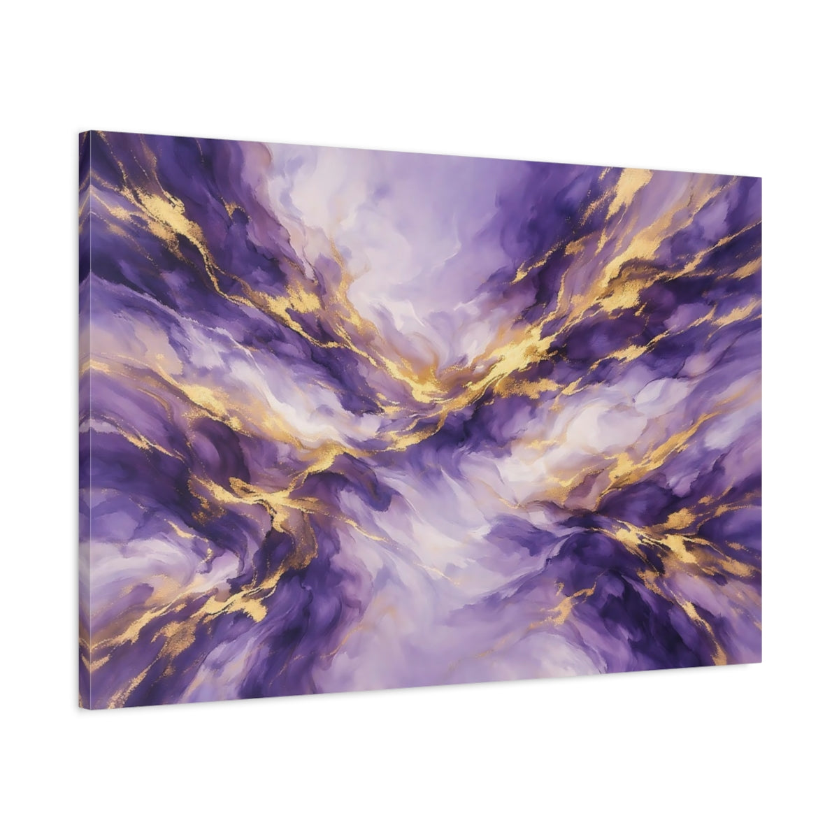 Side Mockup 1. Abstract Abstract Fluid Purple And Gold shown as stretched canvas wall art