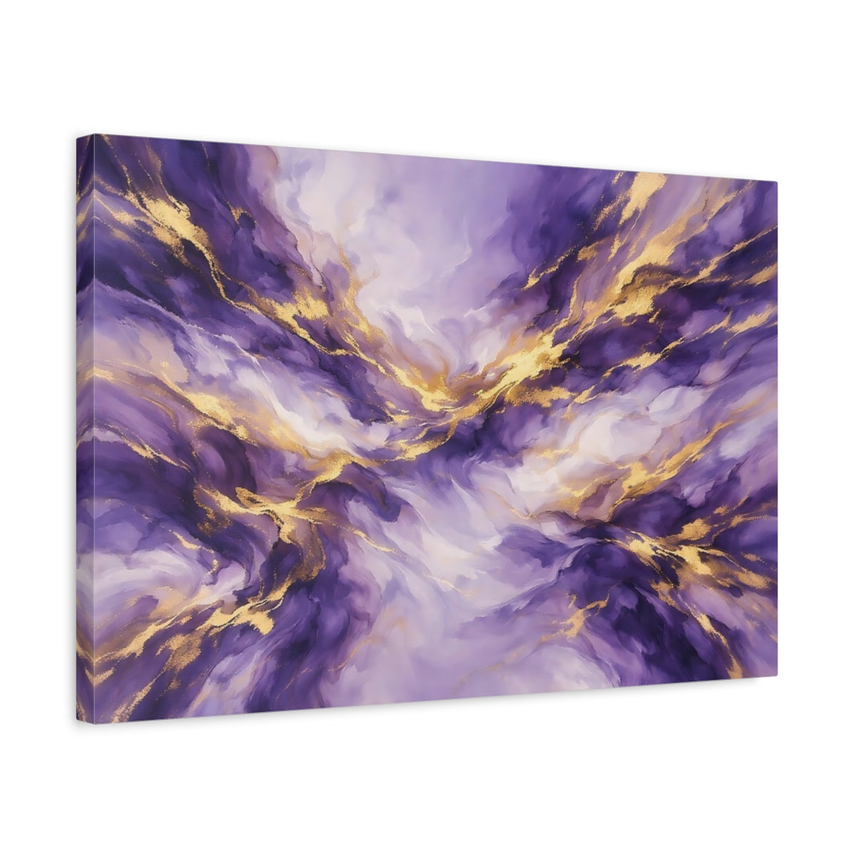 Side Mockup 3. Abstract Abstract Fluid Purple And Gold shown as stretched canvas wall art