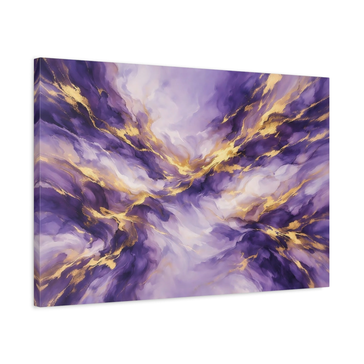Side Mockup 2. Abstract Abstract Fluid Purple And Gold shown as stretched canvas wall art