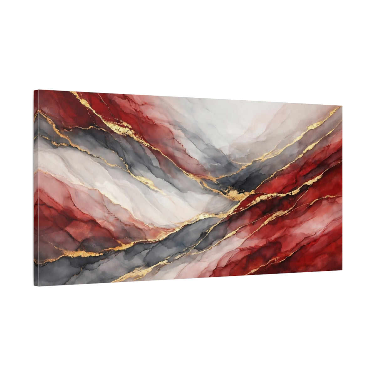 Side Mockup 1. Abstract Abstract Fluid Red And Gold Abstract shown as stretched canvas wall art