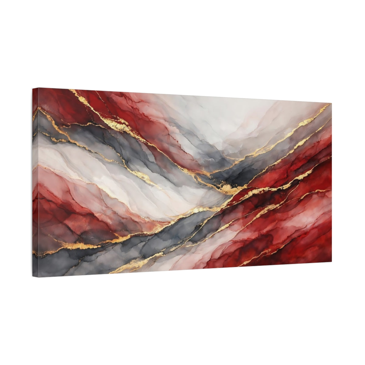 Side Mockup 2. Abstract Abstract Fluid Red And Gold Abstract shown as stretched canvas wall art