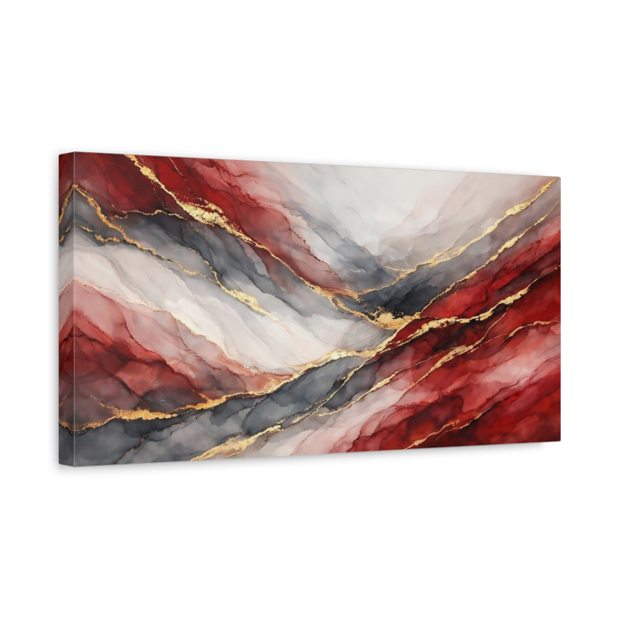 Side Mockup 3. Abstract Abstract Fluid Red And Gold Abstract shown as stretched canvas wall art