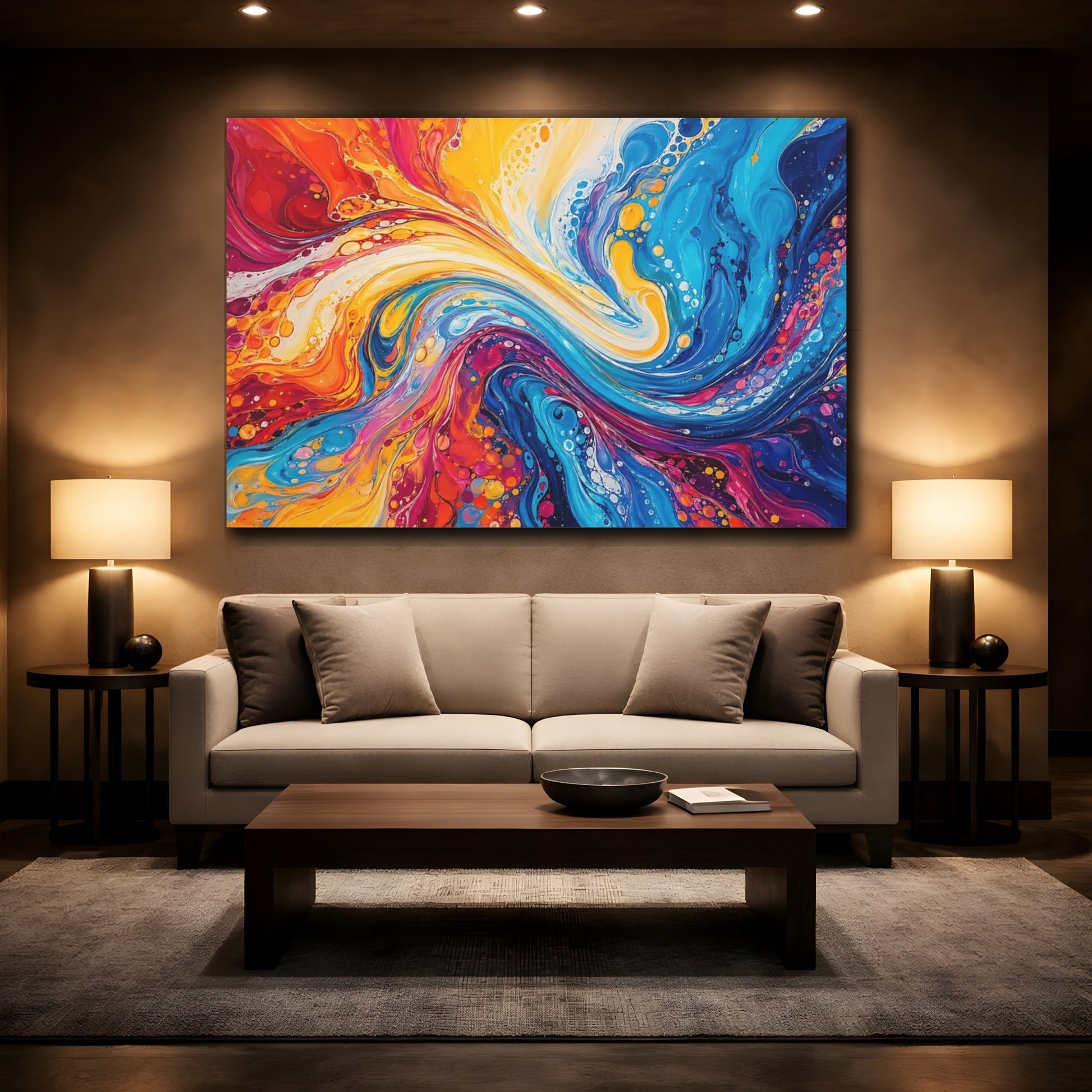Mockup 2. Abstract Fluid Swirl Vibrant Fluid Art shown as stretched canvas wall art