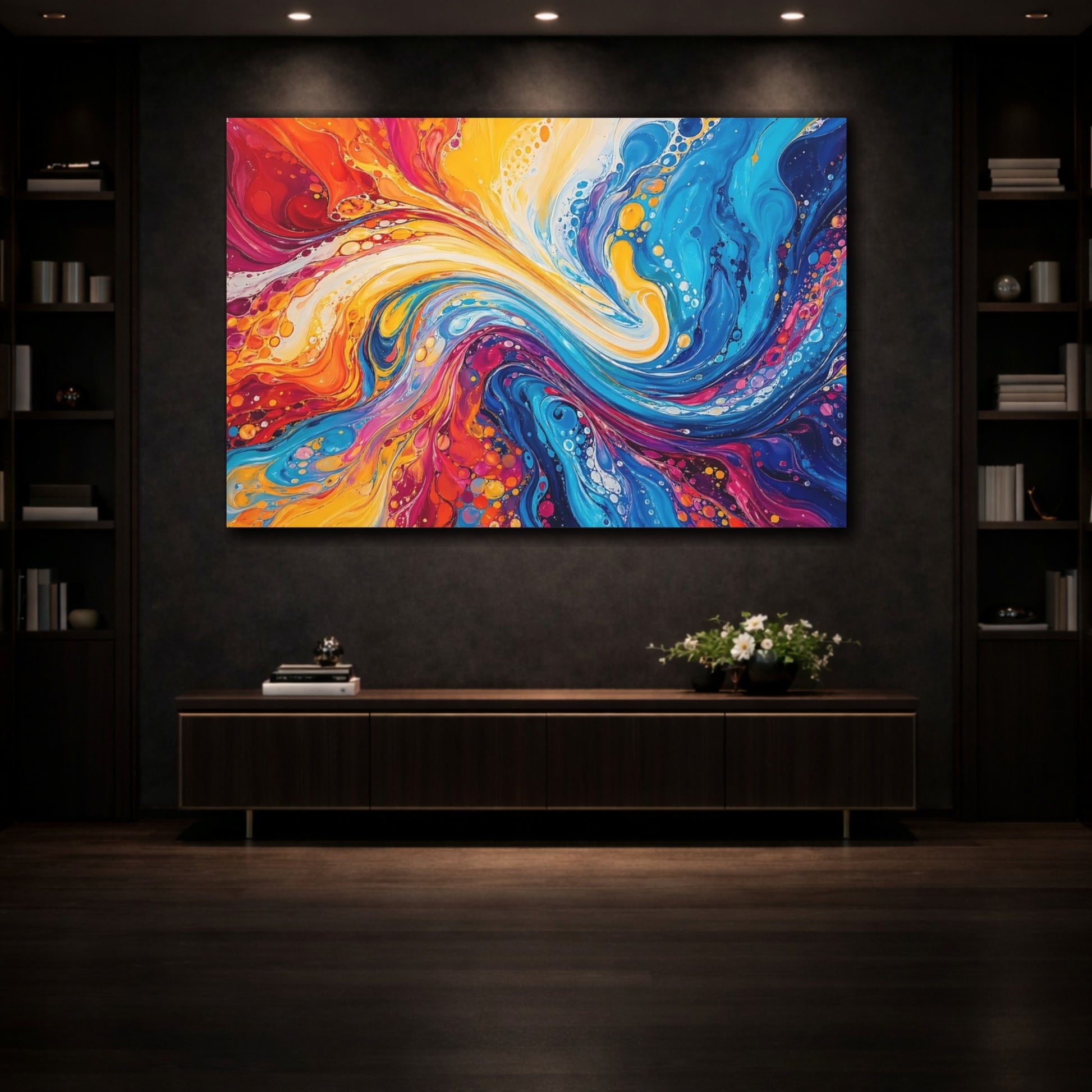 Mockup 3. Abstract Fluid Swirl Vibrant Fluid Art shown as stretched canvas wall art