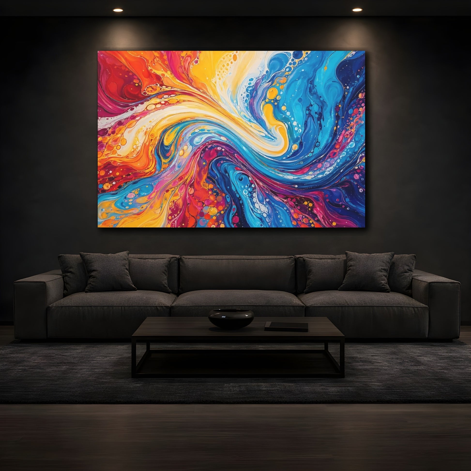 Mockup 4. Abstract Fluid Swirl Vibrant Fluid Art shown as stretched canvas wall art