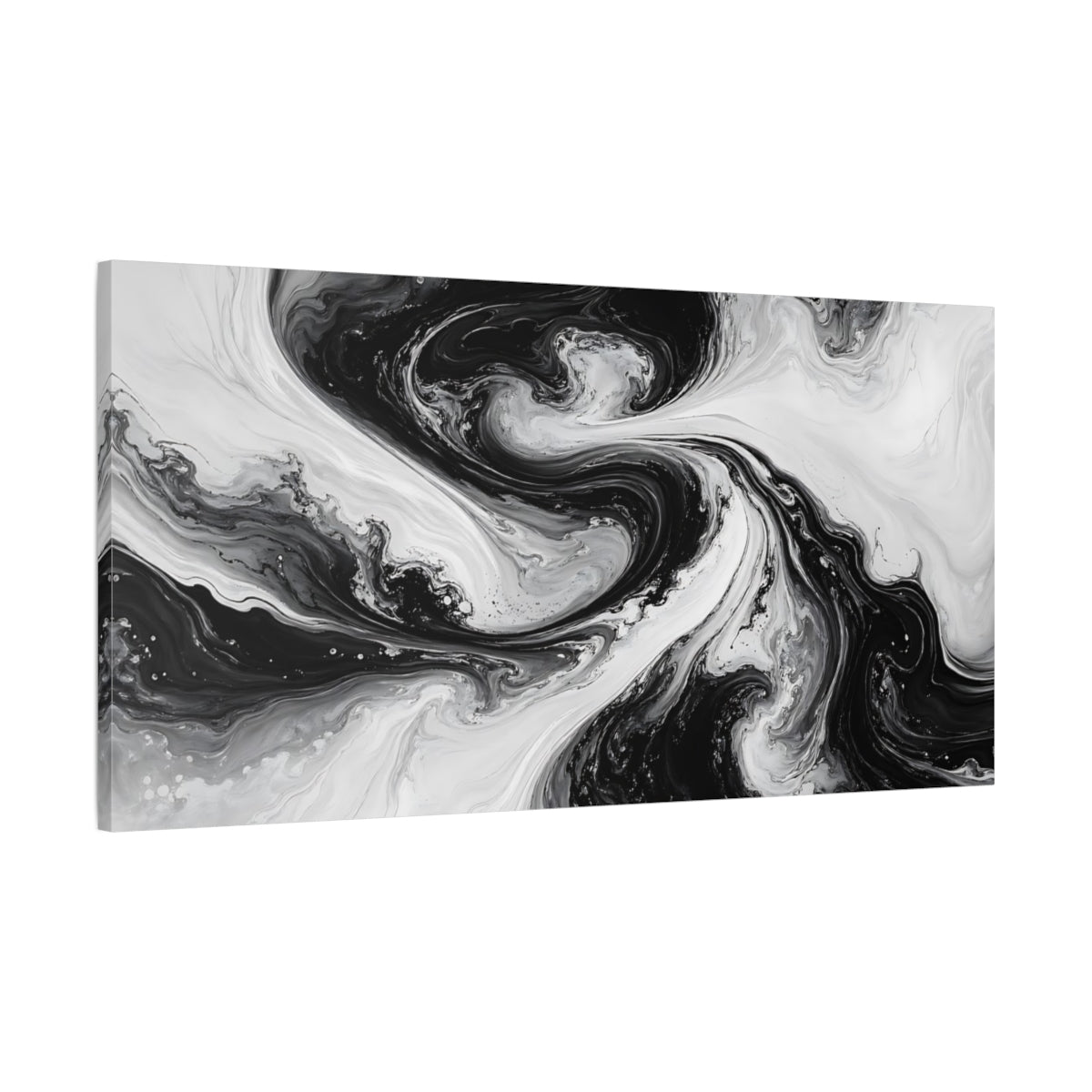 Main Mockup. Abstract Fluid Swirls Black And White shown as stretched canvas wall art