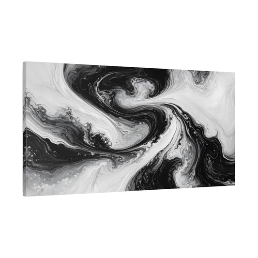 Main Mockup. Abstract Fluid Swirls Black And White shown as stretched canvas wall art