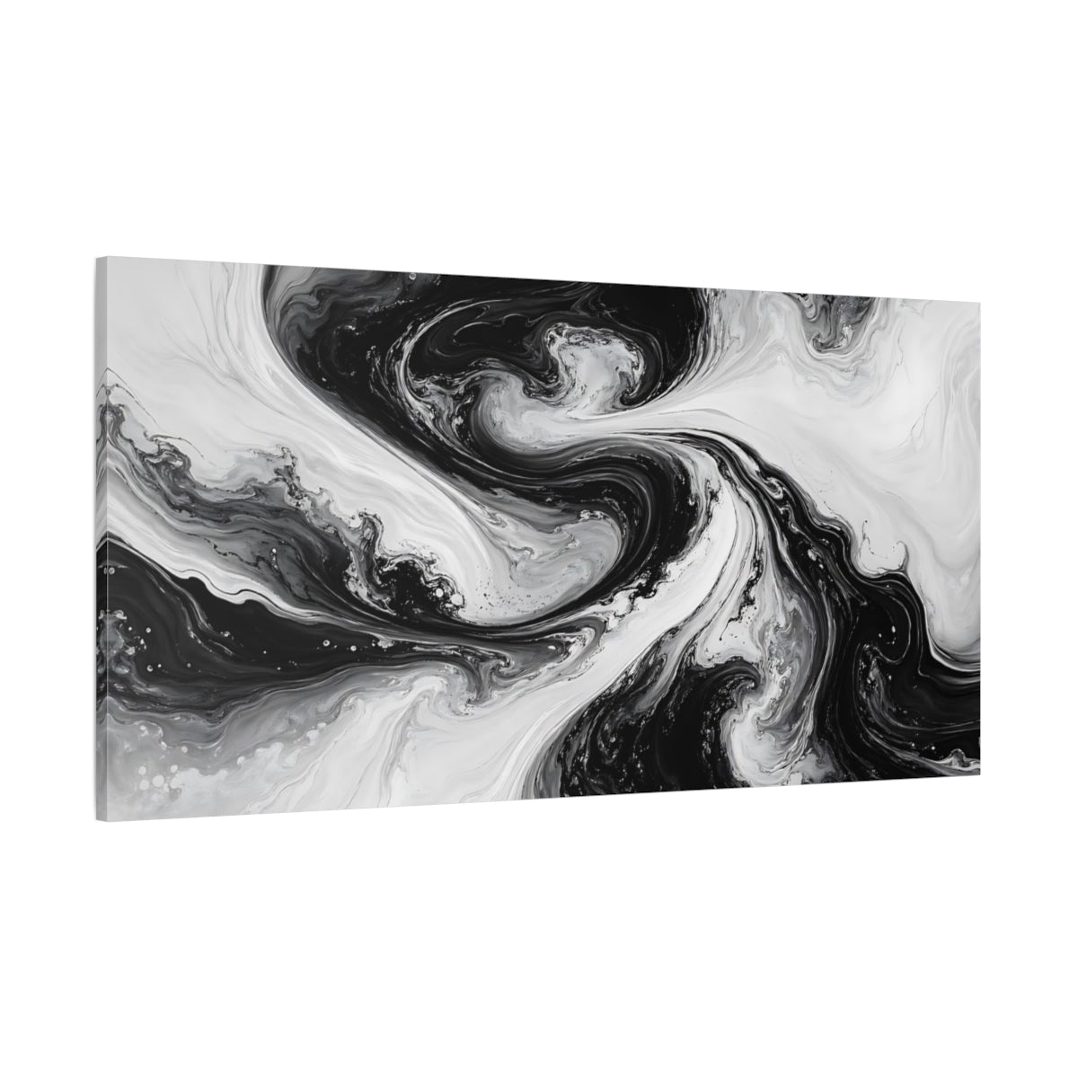 Side Mockup 2. Abstract Fluid Swirls Black And White shown as stretched canvas wall art