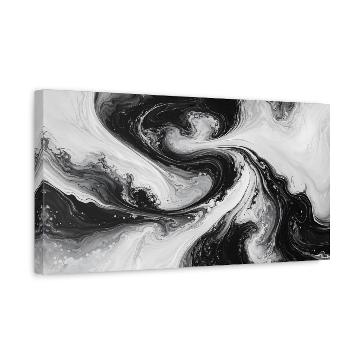 Side Mockup 3. Abstract Fluid Swirls Black And White shown as stretched canvas wall art