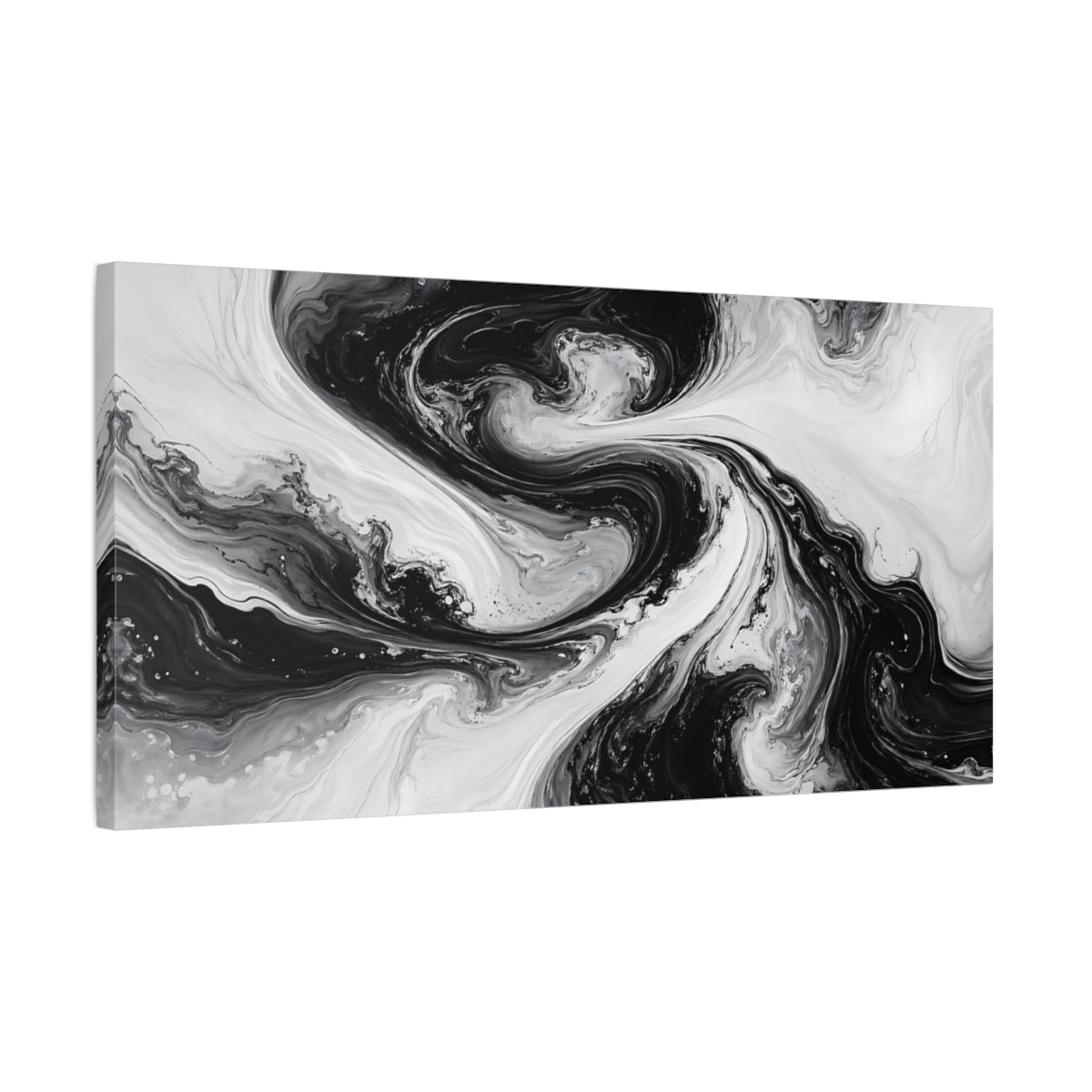 Side Mockup 1. Abstract Fluid Swirls Black And White shown as stretched canvas wall art