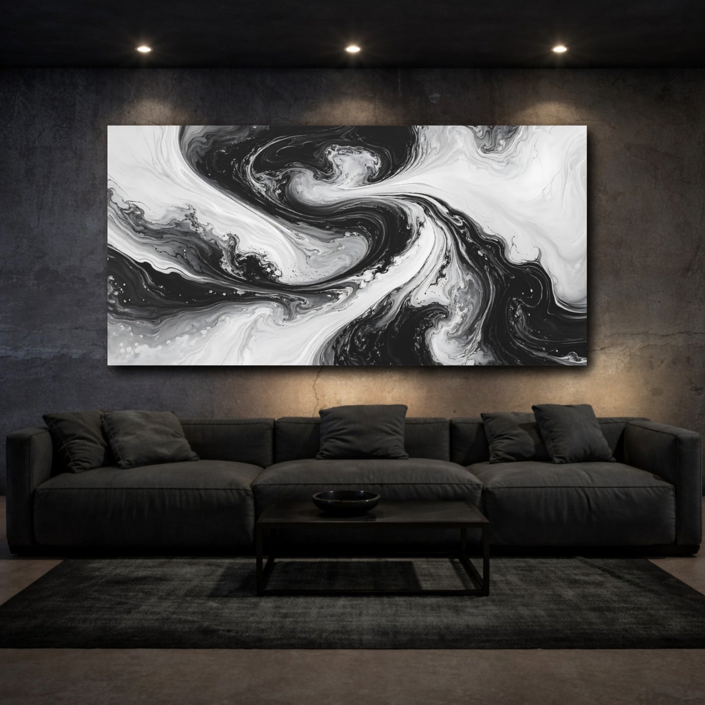 Mockup 2. Abstract Fluid Swirls Black And White shown as stretched canvas wall art