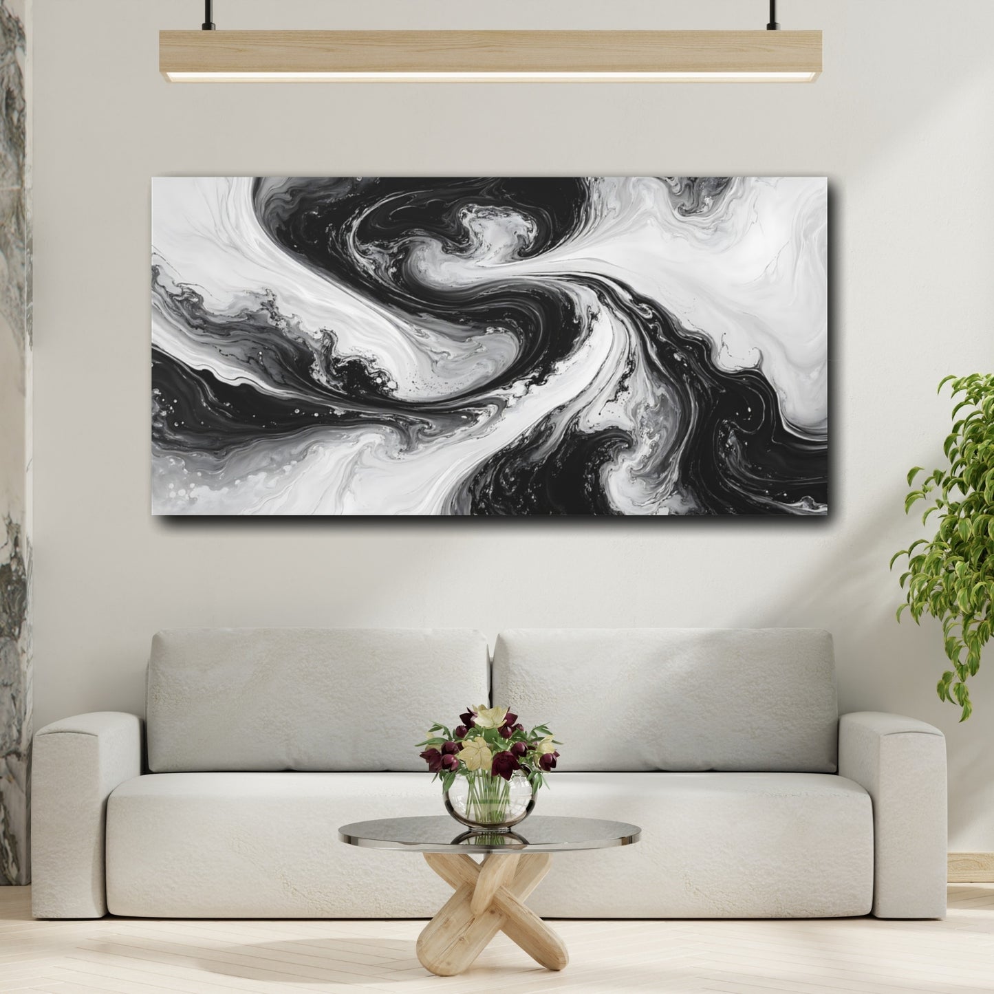 Mockup 3. Abstract Fluid Swirls Black And White shown as stretched canvas wall art