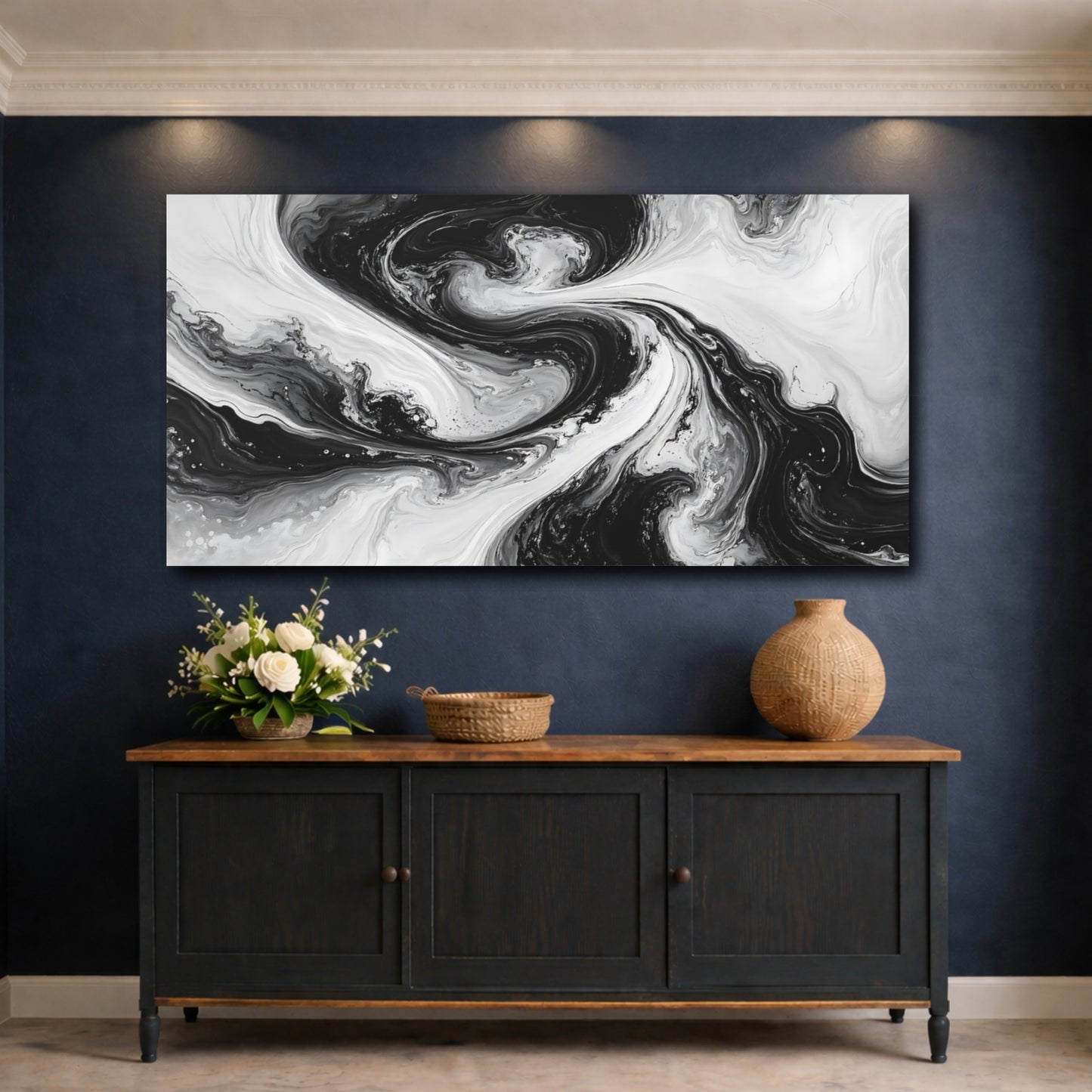 Mockup 4. Abstract Fluid Swirls Black And White shown as stretched canvas wall art