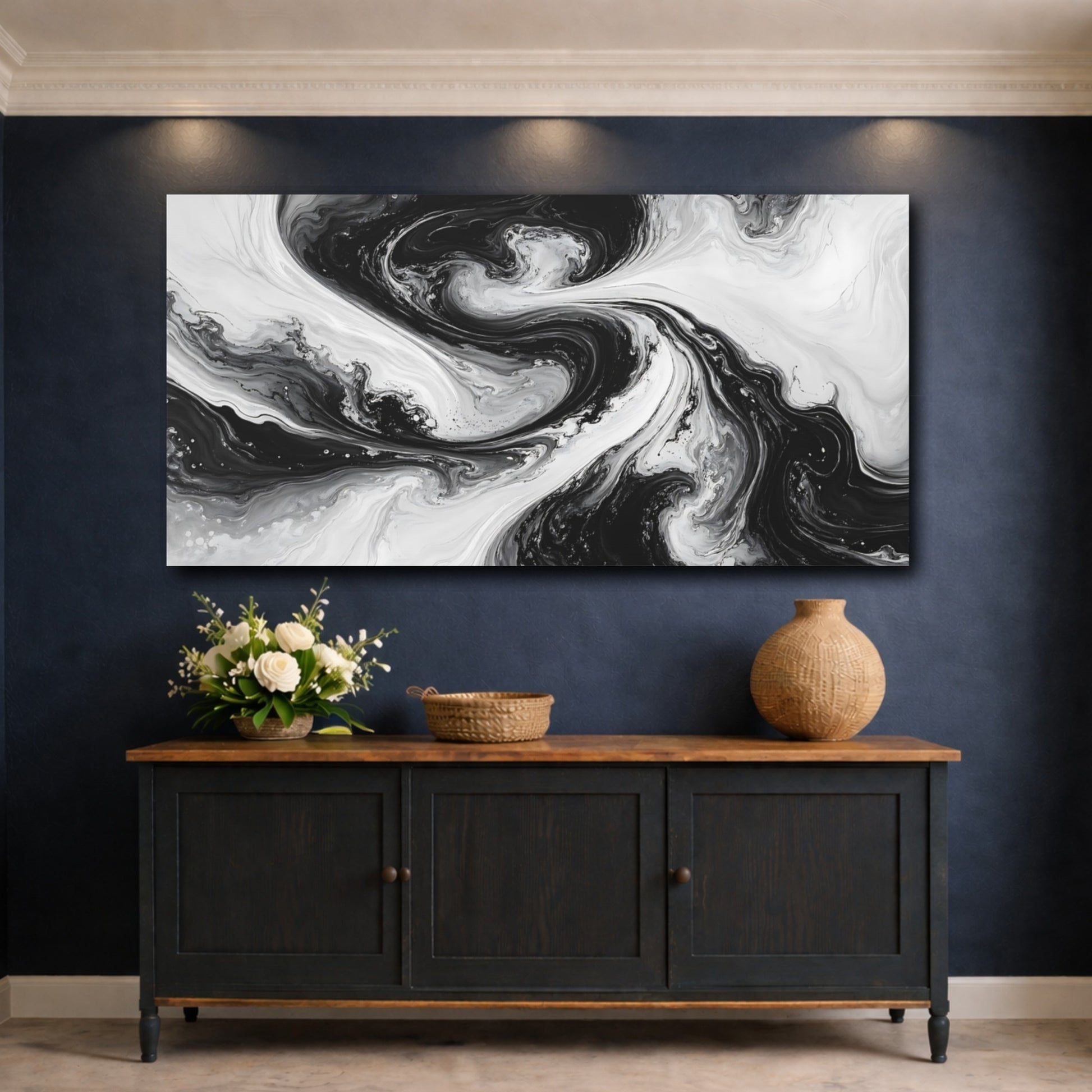 Mockup 4. Abstract Fluid Swirls Black And White shown as stretched canvas wall art