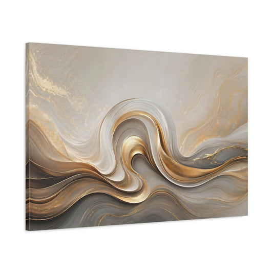 Main Mockup. Abstract Fluid Swirls Gold And Gray shown as stretched canvas wall art