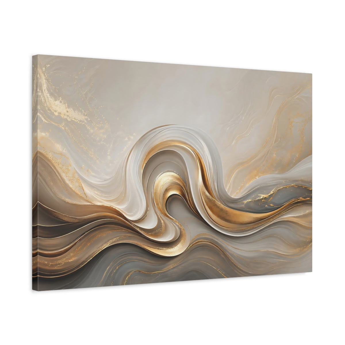 Side Mockup 2. Abstract Fluid Swirls Gold And Gray shown as stretched canvas wall art